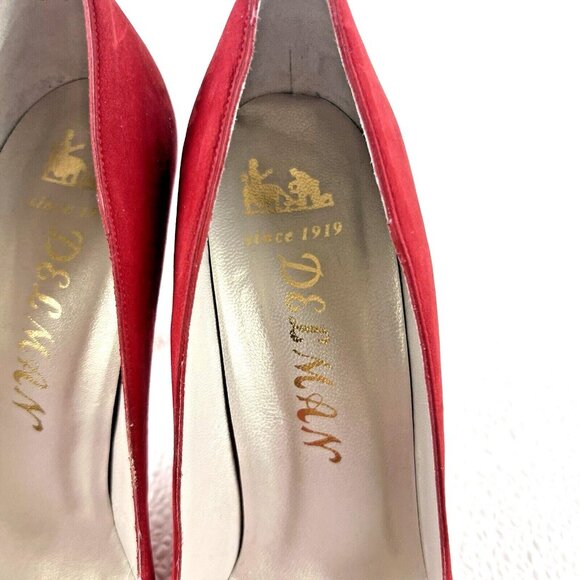 Women's 9N Red Peep Toe Mob Wife Career Chic Preppy Delman Suede Pumps Heels - Picture 10 of 13